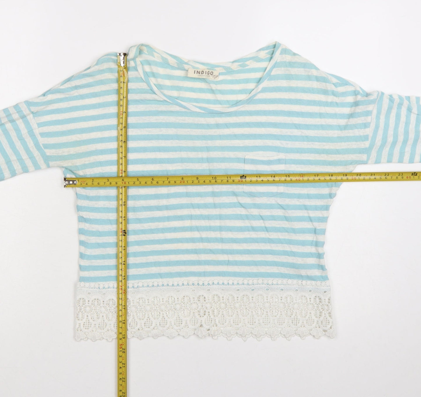 Marks and Spencer Womens Blue Striped Cropped 3/4 Sleeve Cotton Linen Top UK 8