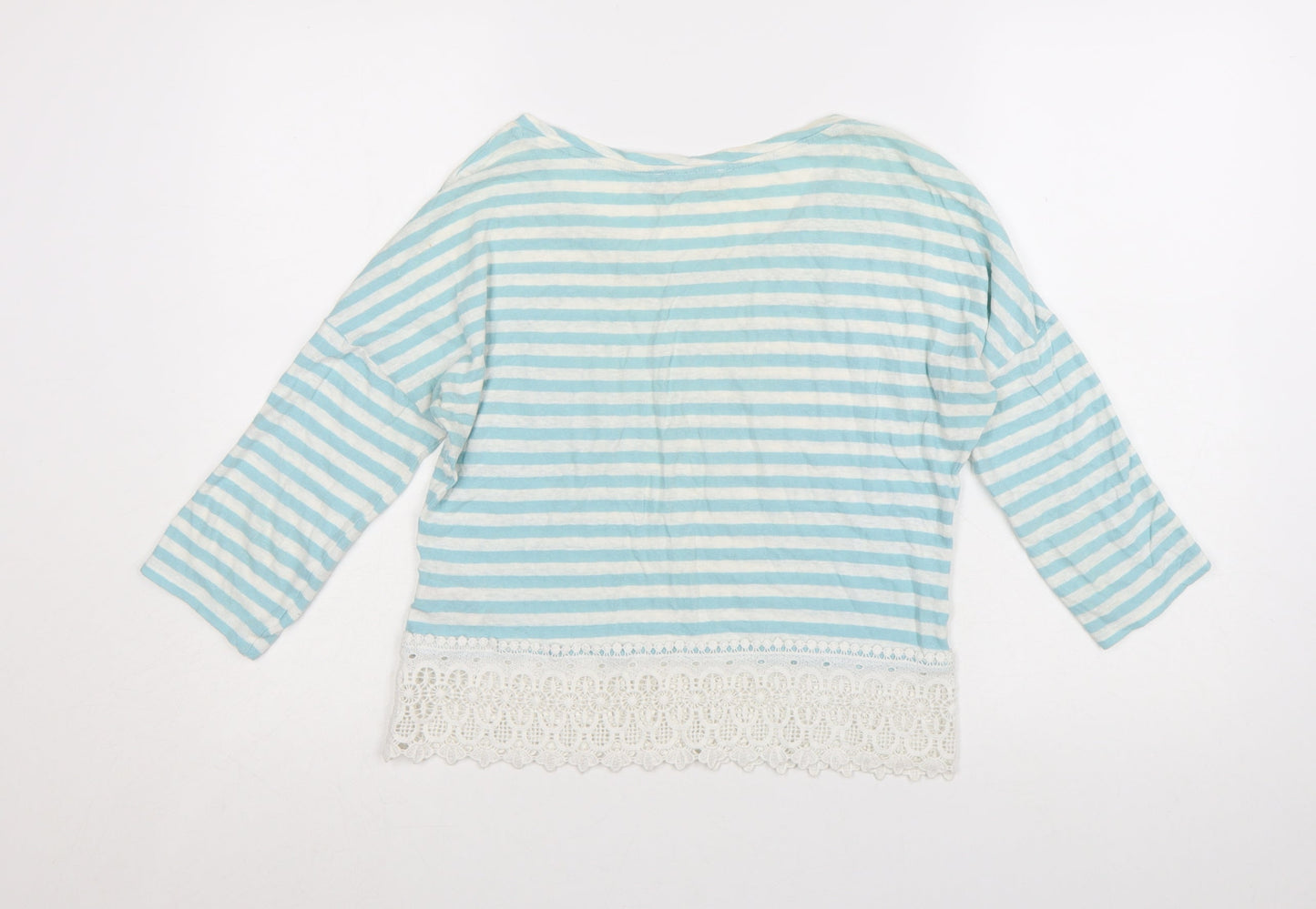 Marks and Spencer Womens Blue Striped Cropped 3/4 Sleeve Cotton Linen Top UK 8