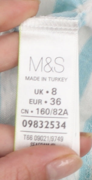 Marks and Spencer Womens Blue Striped Cropped 3/4 Sleeve Cotton Linen Top UK 8