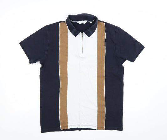 Next Men's Blue Colourblock Cotton Zip Polo Shirt Size M
