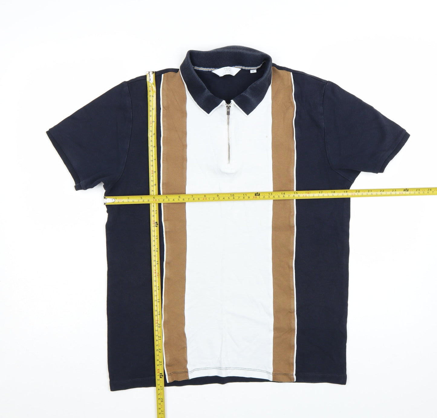 Next Men's Blue Colourblock Cotton Zip Polo Shirt Size M