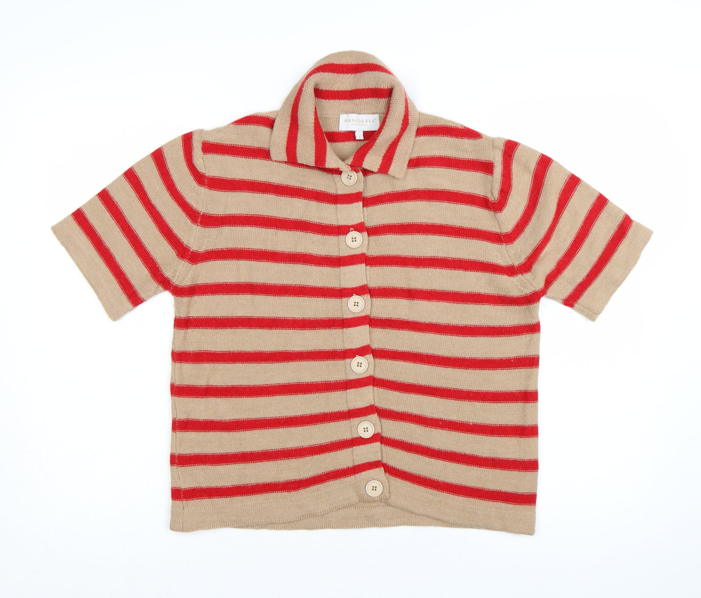 Bianco & Blu Women’s Beige Red Striped Collared Wool Cardigan L