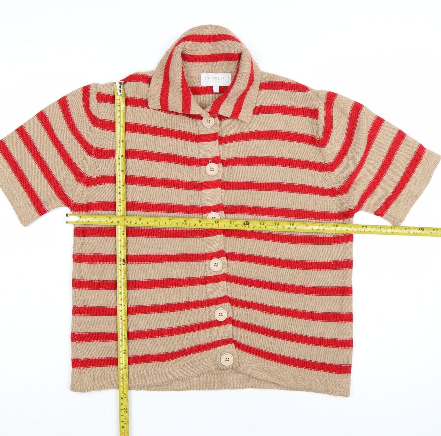 Bianco & Blu Women’s Beige Red Striped Collared Wool Cardigan L