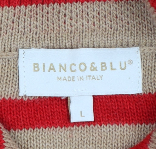 Bianco & Blu Women’s Beige Red Striped Collared Wool Cardigan L