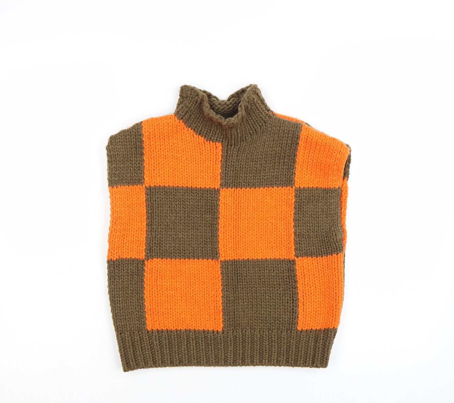 Collusion Women's Orange Brown Check Sleeveless Roll Neck Vest Jumper Size 8