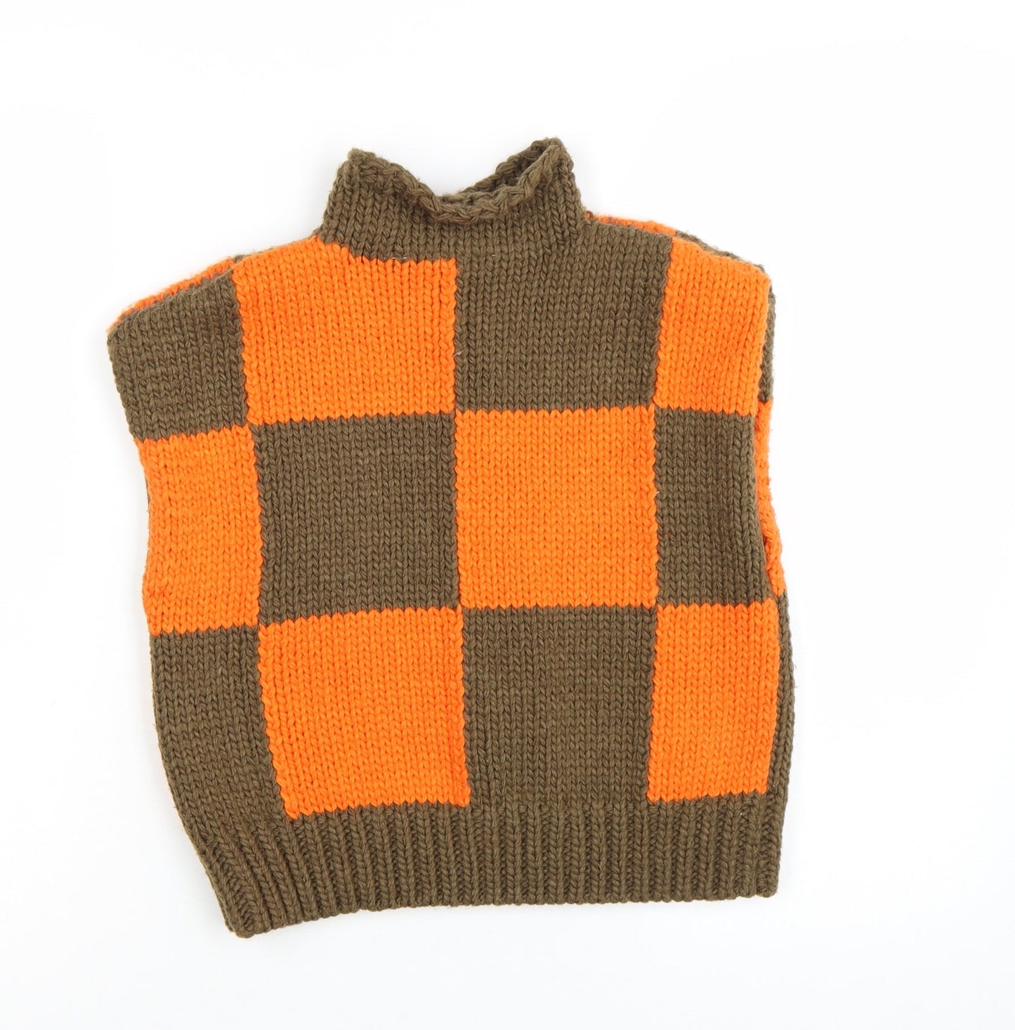 Collusion Women's Orange Brown Check Sleeveless Roll Neck Vest Jumper Size 8