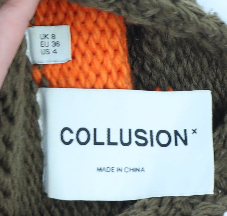 Collusion Women's Orange Brown Check Sleeveless Roll Neck Vest Jumper Size 8