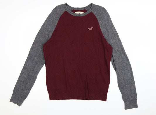 Hollister Men’s Red & Grey Crew Neck Cotton Pullover Jumper Size L