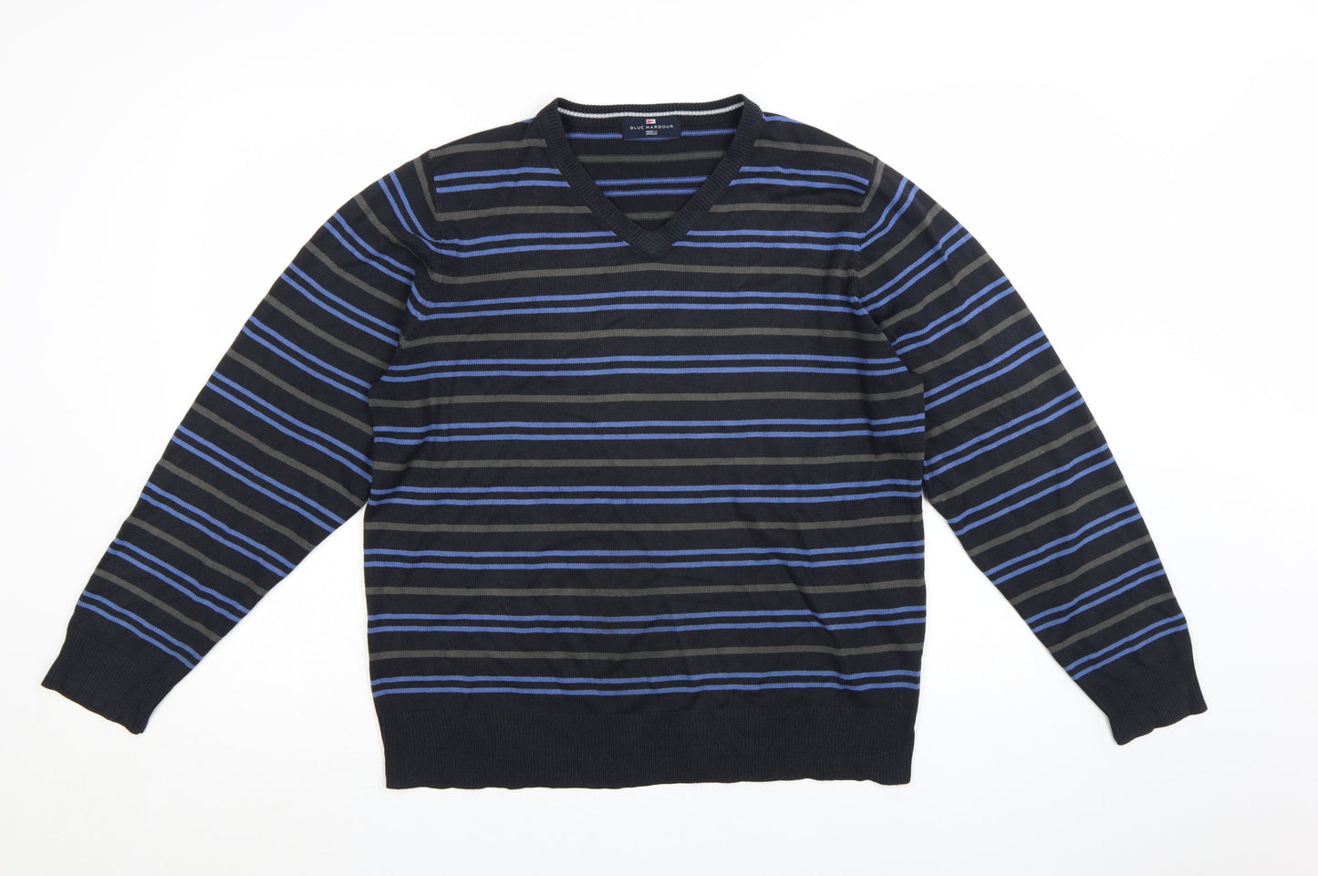 Marks and Spencer Blue Harbour Men's Blue Striped V-Neck Jumper Size L