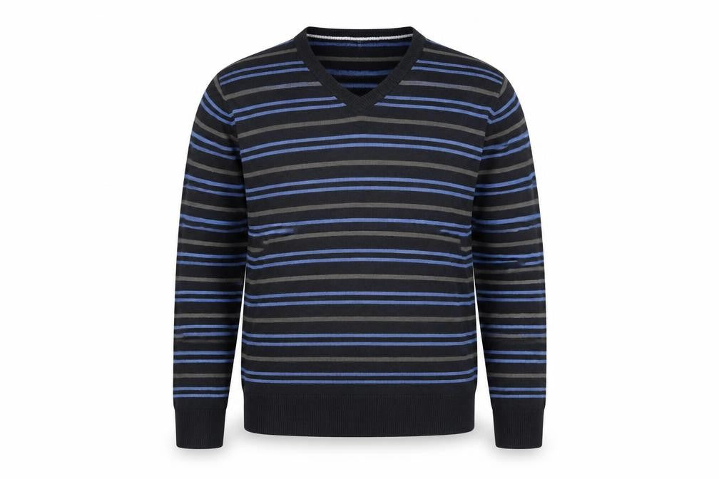 Marks & Spencer Blue Harbour Men's Blue Striped V-Neck Jumper Size L