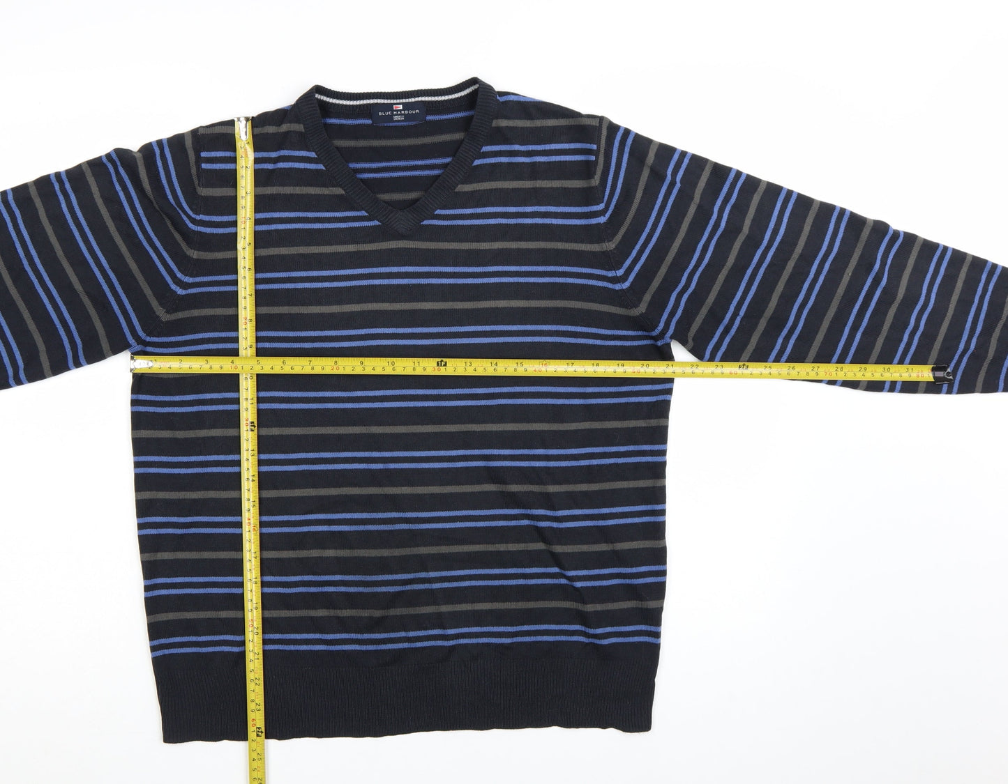 Marks and Spencer Blue Harbour Men's Blue Striped V-Neck Jumper Size L