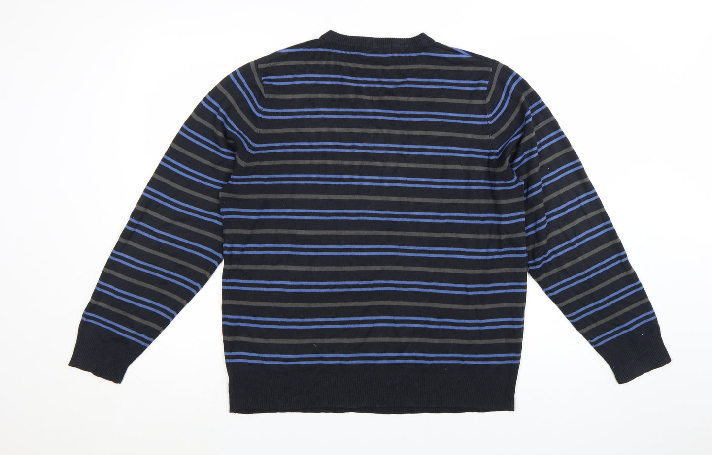 Marks and Spencer Blue Harbour Men's Blue Striped V-Neck Jumper Size L