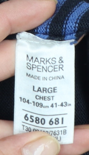 Marks and Spencer Blue Harbour Men's Blue Striped V-Neck Jumper Size L