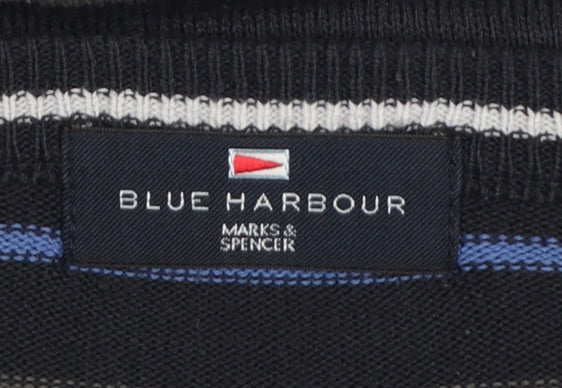 Marks and Spencer Blue Harbour Men's Blue Striped V-Neck Jumper Size L