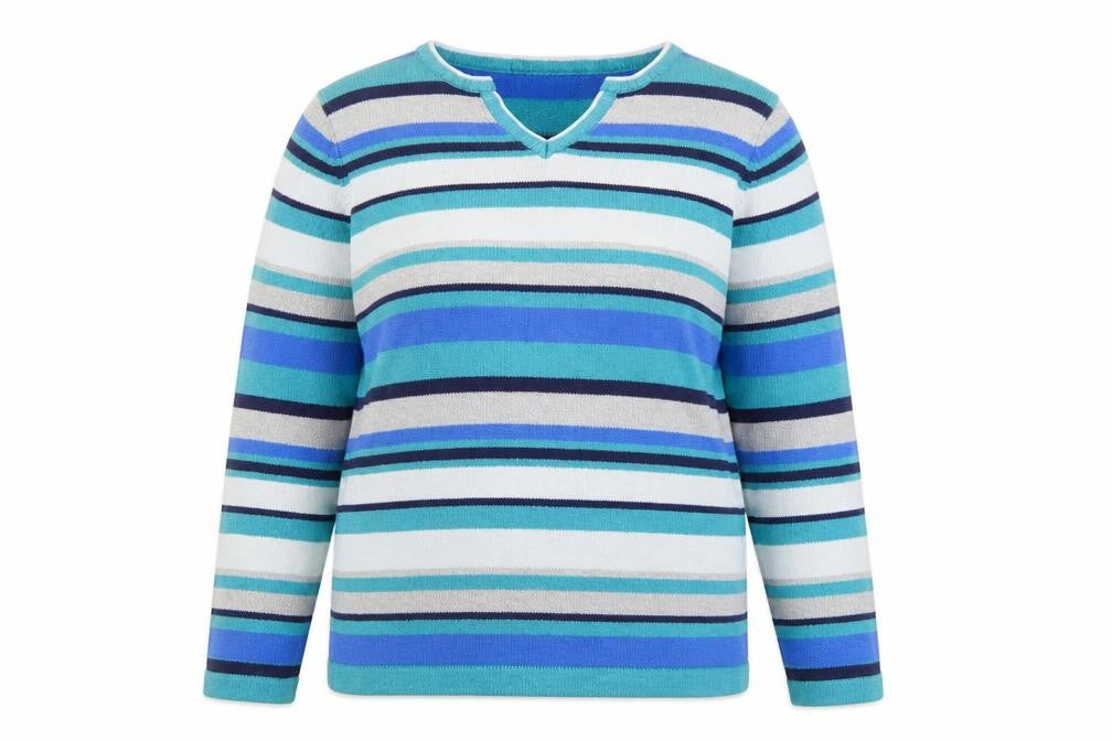 Isle Essentials Women Blue Striped V-Neck Long Sleeve Pullover Jumper Size 14-16