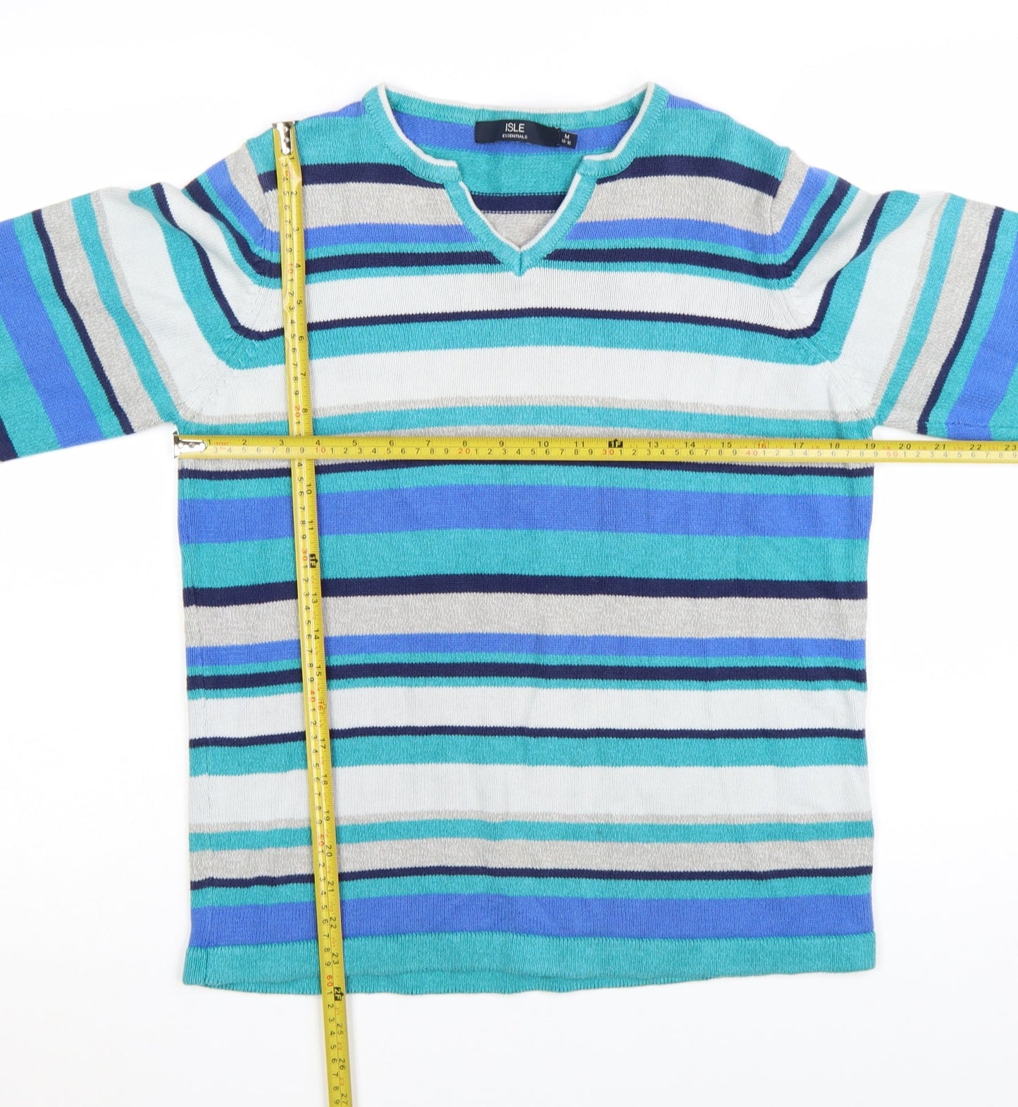 Isle Essentials Women Blue Striped V-Neck Long Sleeve Pullover Jumper Size 14-16