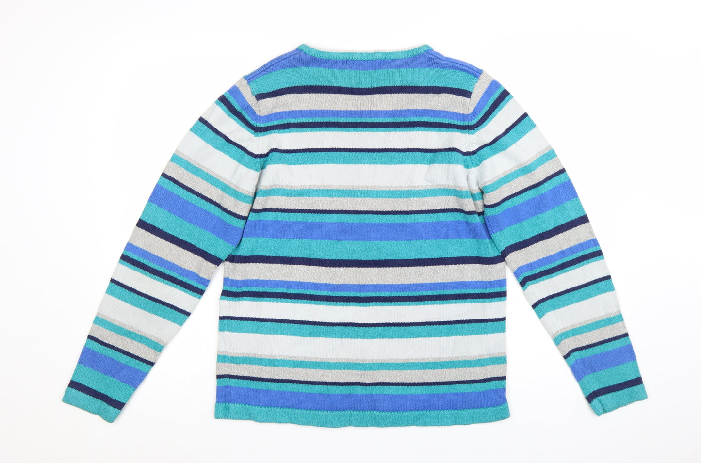 Isle Essentials Women Blue Striped V-Neck Long Sleeve Pullover Jumper Size 14-16