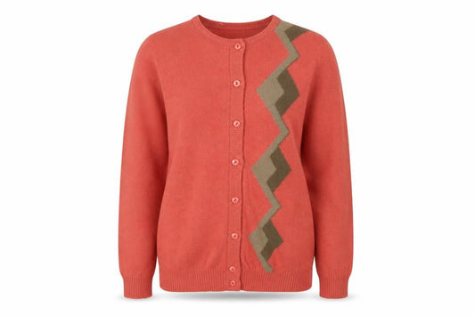 Front view of Jaeger Women’s Orange Lambswool Cardigan, size UK 10, Classic Geometric Knit