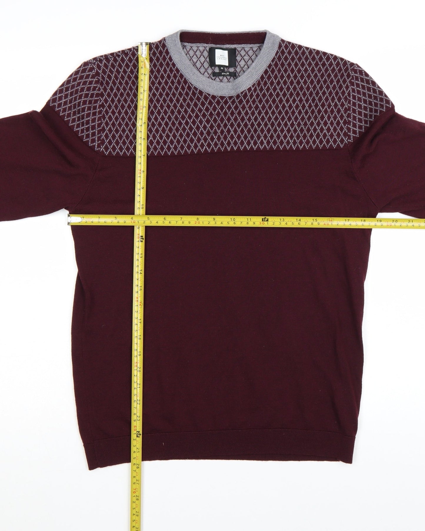 Moss London Men’s Red Slim Fit Argyle Pullover Jumper Size M