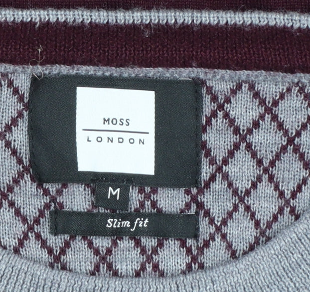 Moss London Men’s Red Slim Fit Argyle Pullover Jumper Size M