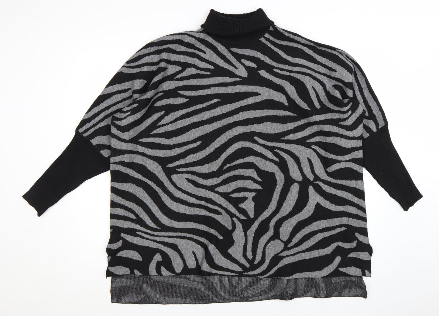 Colour Eighteen Women's Black Grey Animal Print Roll Neck Jumper M