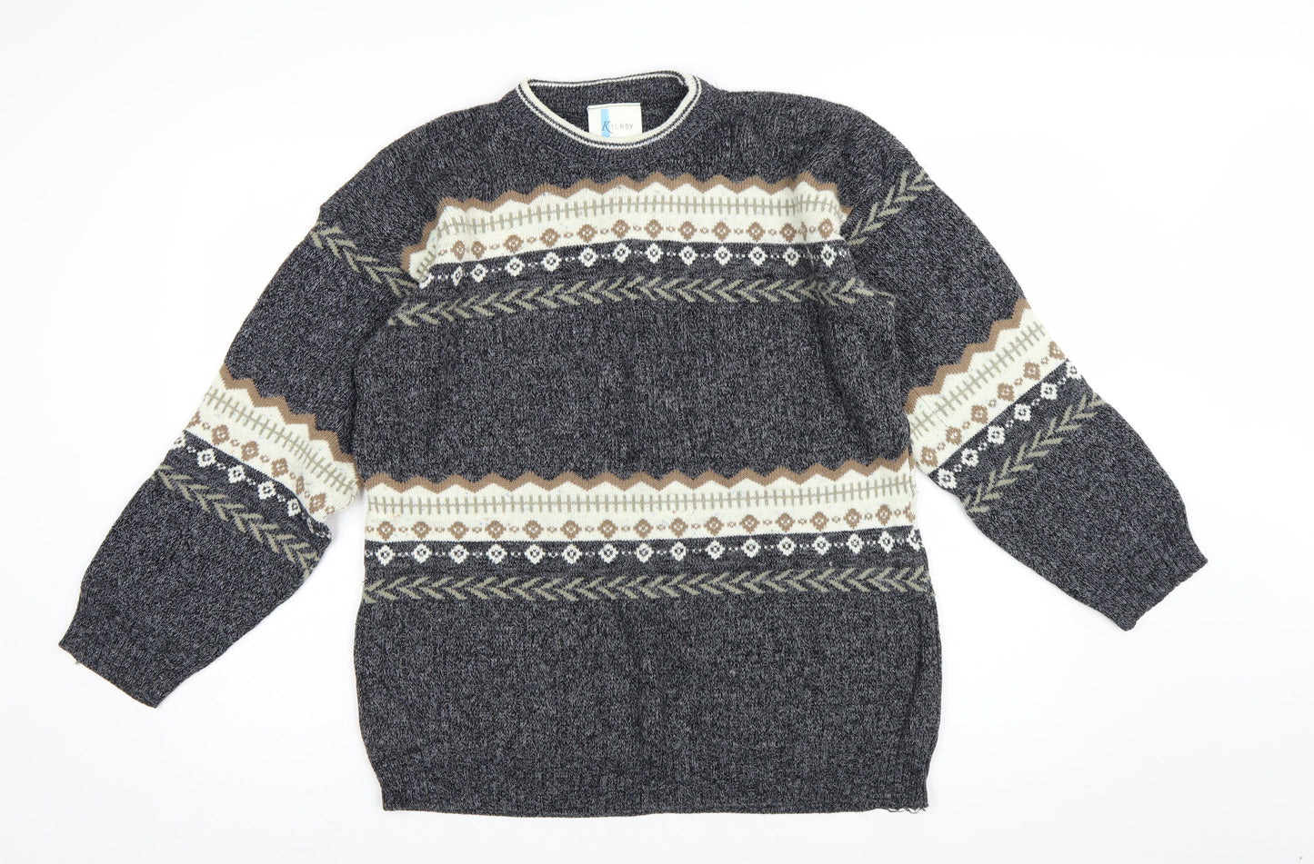 Kilroy Men's Grey Fair Isle Chunky Knit Acrylic Jumper Size L