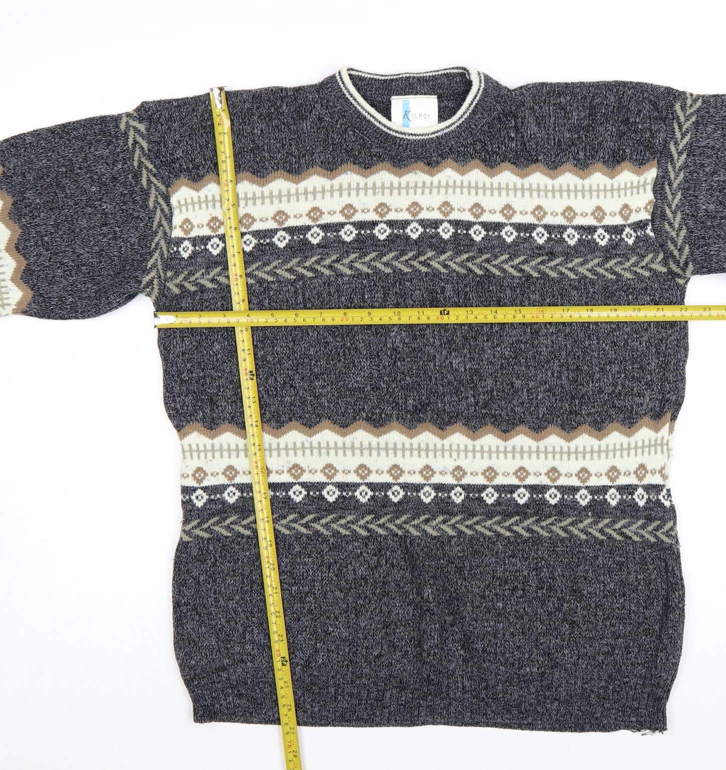 Kilroy Men's Grey Fair Isle Chunky Knit Acrylic Jumper Size L