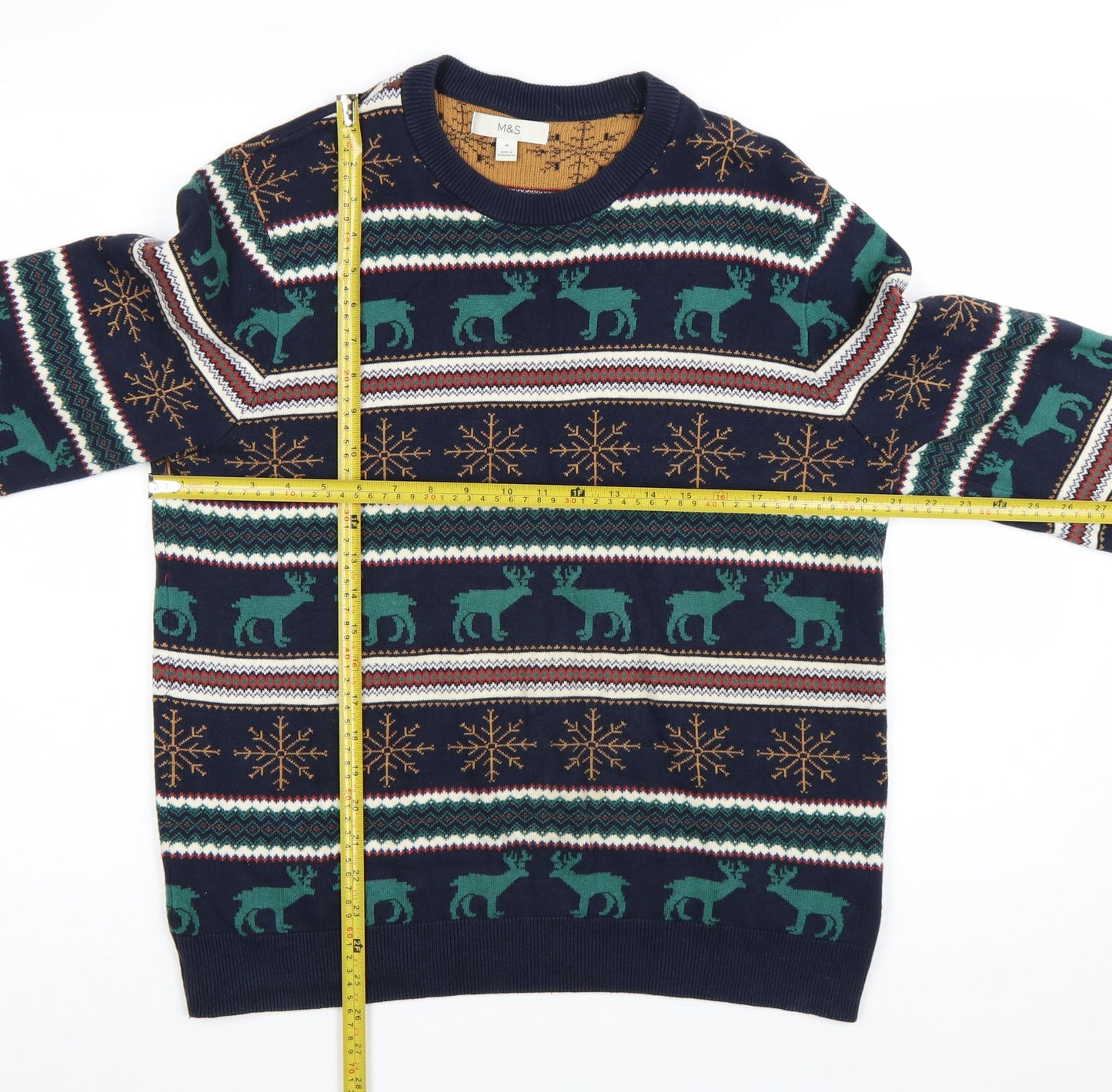 Marks and Spencer Men's Blue Christmas Reindeer Cotton Jumper M