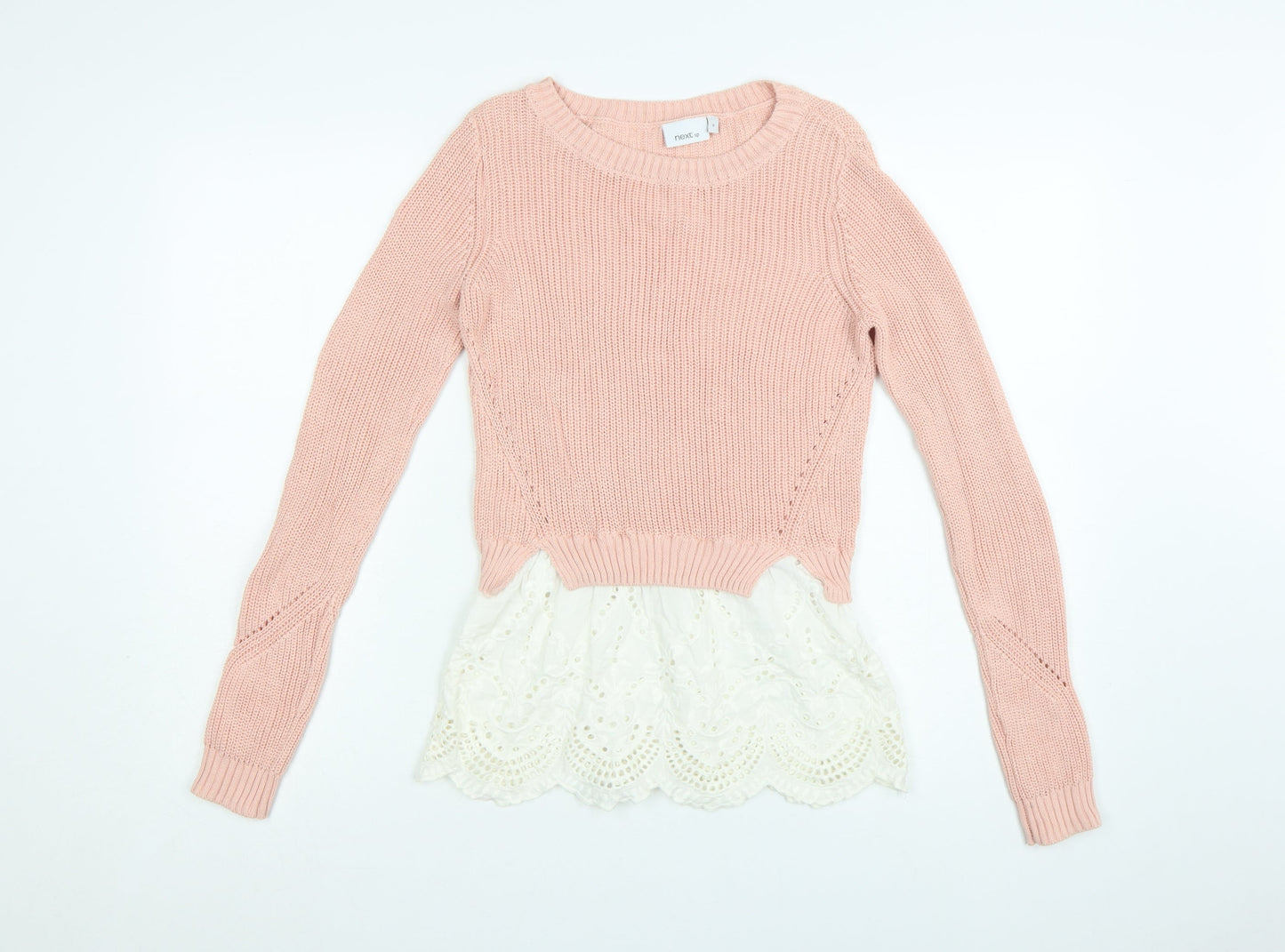 Next Womens Pink Cotton Knit Jumper UK 6 Lace Hem Crew Neck Top