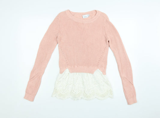 Next Womens Pink Cotton Knit Jumper UK 6 Lace Hem Crew Neck Top