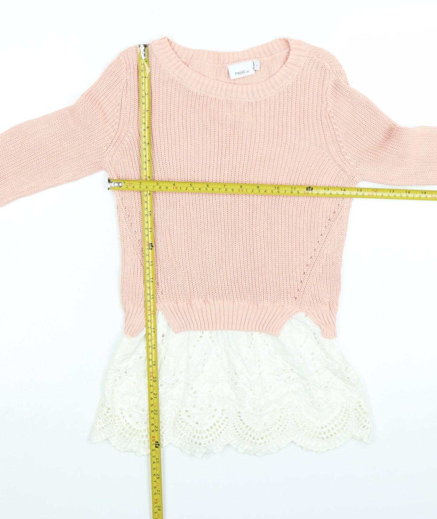 Next Womens Pink Cotton Knit Jumper UK 6 Lace Hem Crew Neck Top