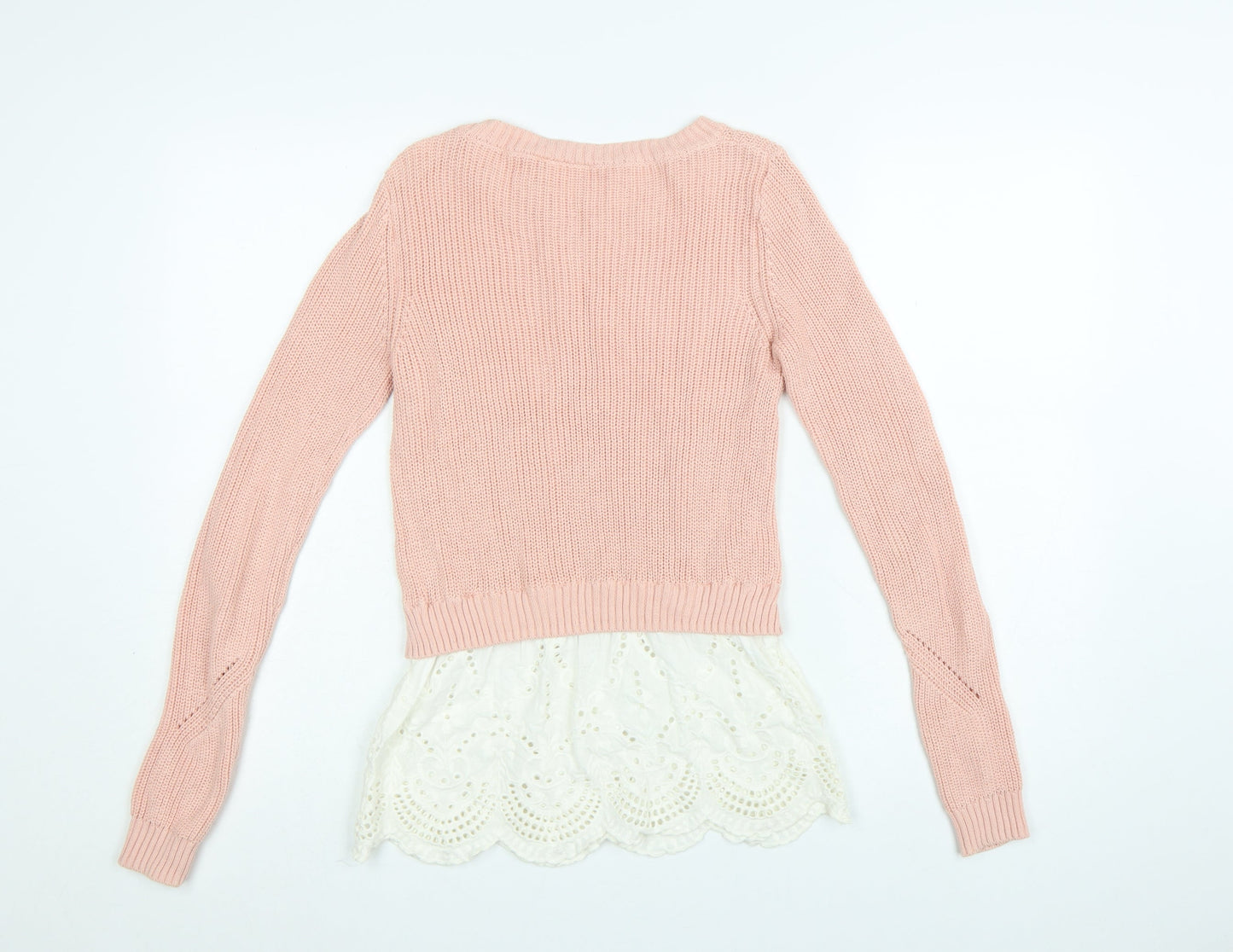 Next Womens Pink Cotton Knit Jumper UK 6 Lace Hem Crew Neck Top