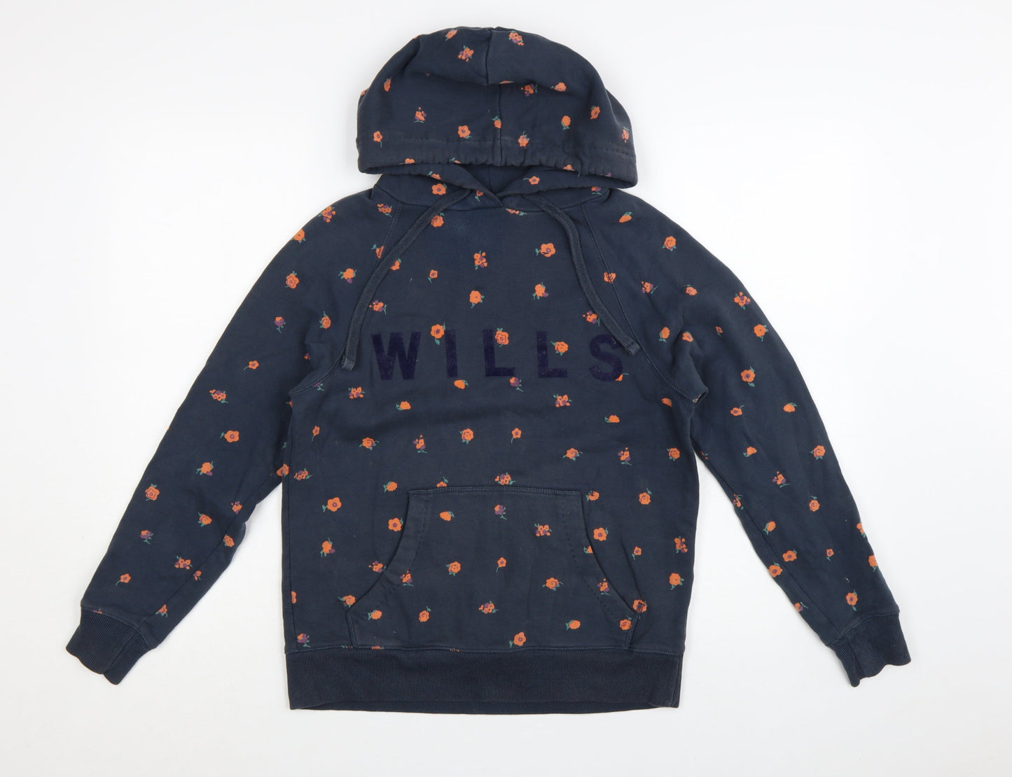 Jack Wills Womens Navy Floral Pullover Hoodie UK 6 Cotton Hooded Sweatshirt