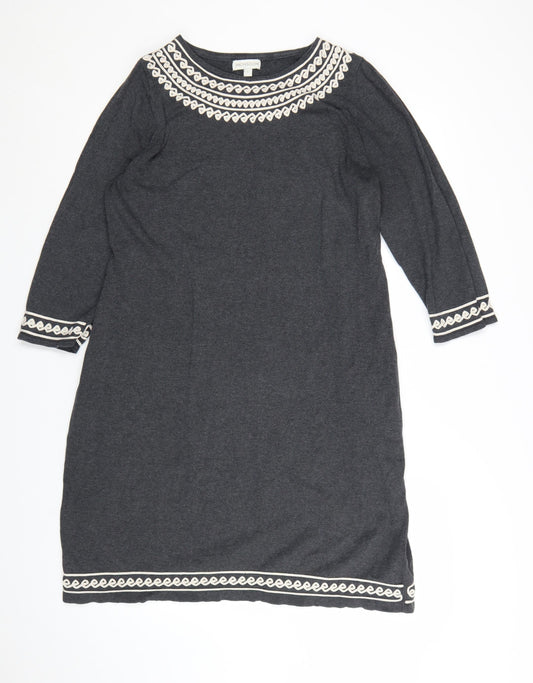 Monsoon Women Grey L Shift Dress 3/4 Sleeve Embroidered Knit