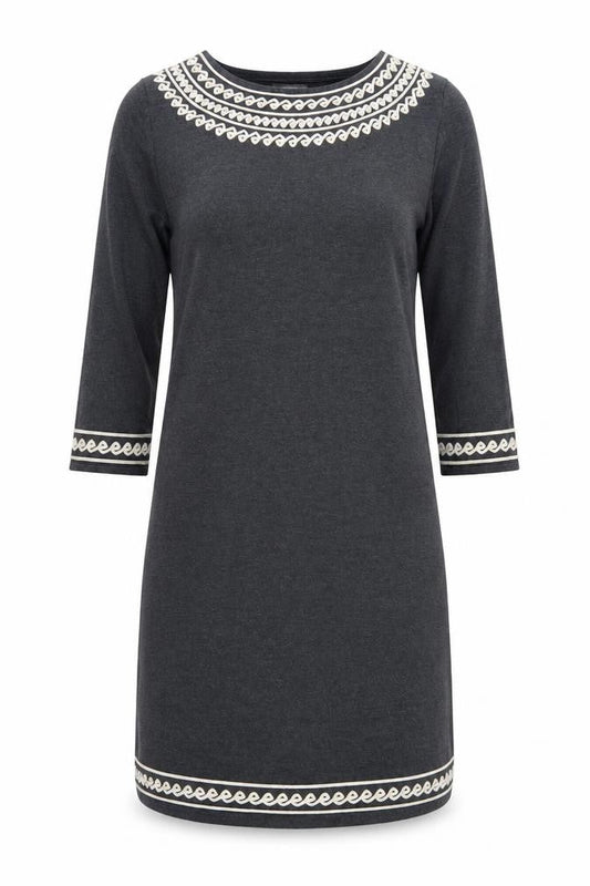 Monsoon Women Grey L Shift Dress 3/4 Sleeve Embroidered Knit