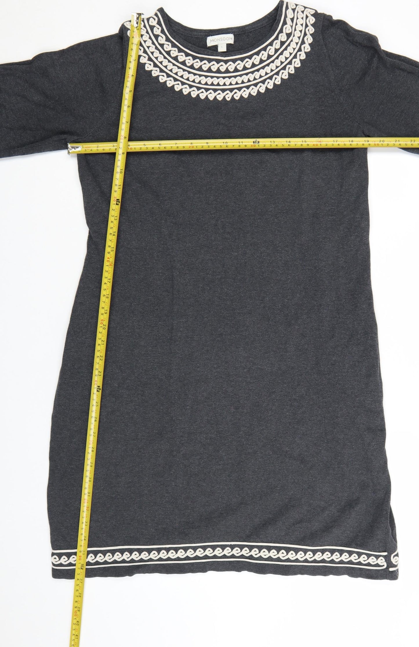Monsoon Women Grey L Shift Dress 3/4 Sleeve Embroidered Knit