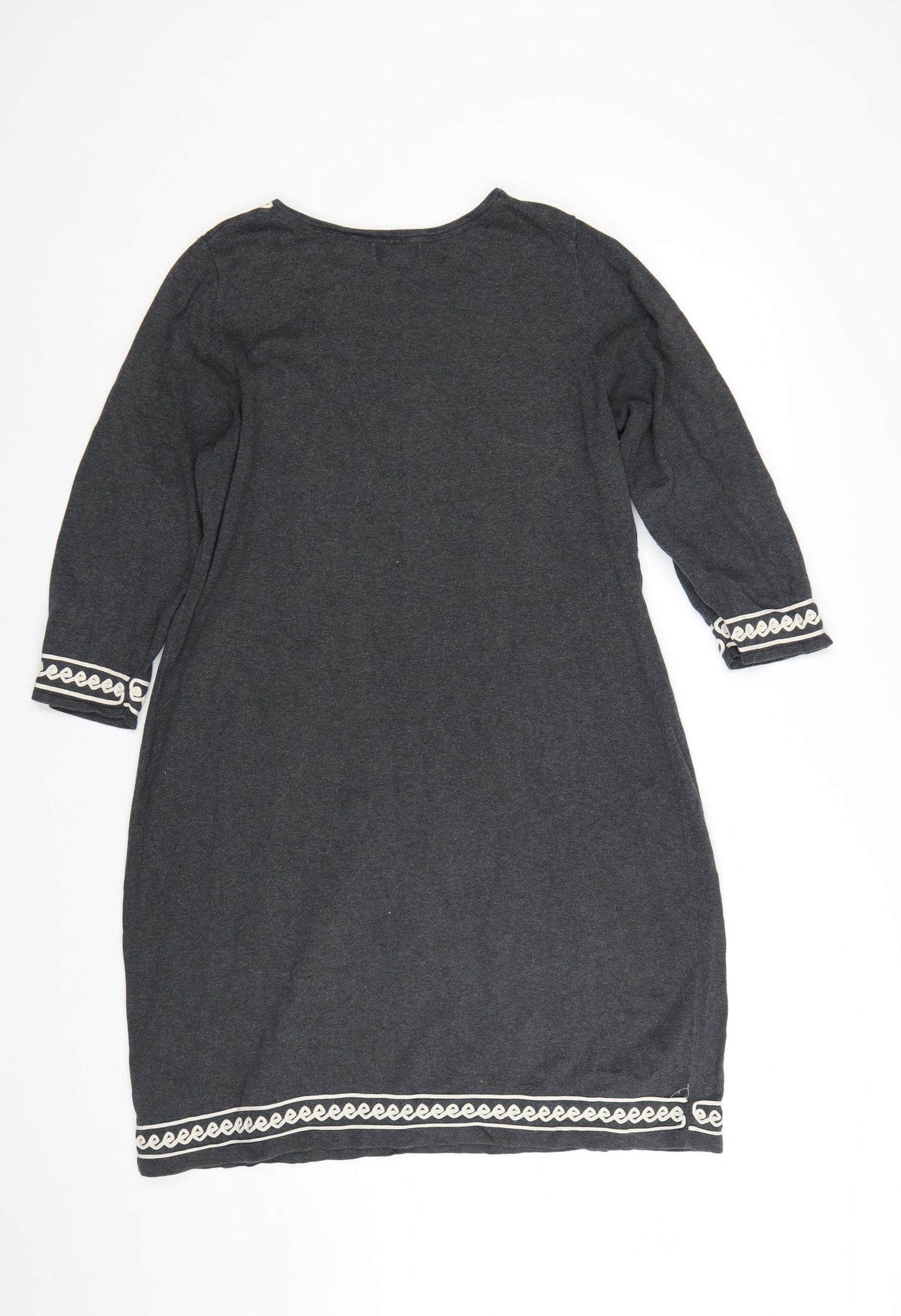 Monsoon Women Grey L Shift Dress 3/4 Sleeve Embroidered Knit