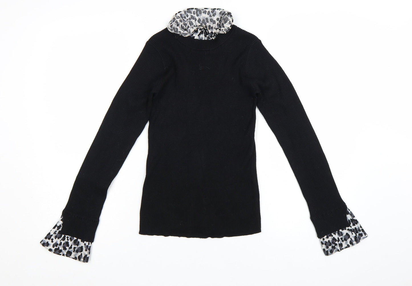 New Look Womens Black Leopard Trim Roll Neck Jumper Size 8