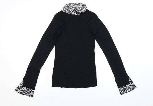 New Look Womens Black Leopard Trim Roll Neck Jumper Size 8