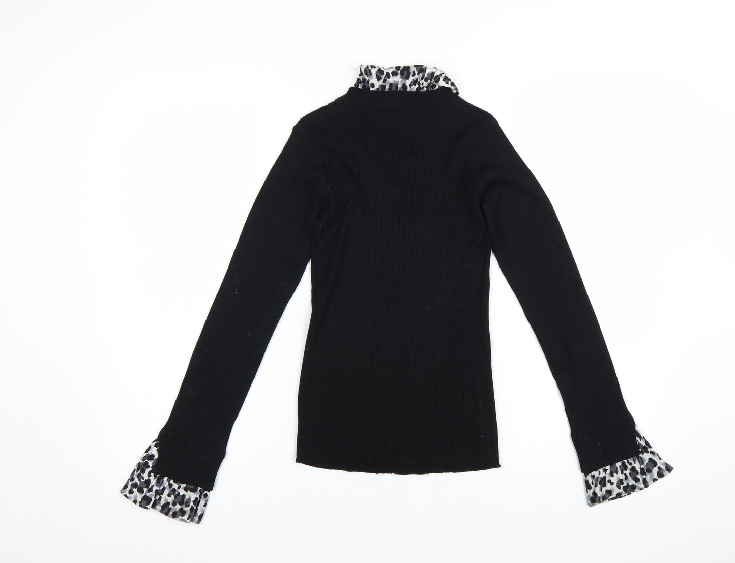 New Look Womens Black Leopard Trim Roll Neck Jumper Size 8