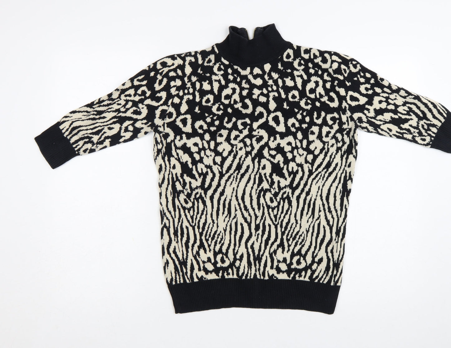 Biba Women's Black Animal Print Mock Neck Cotton Jumper XS
