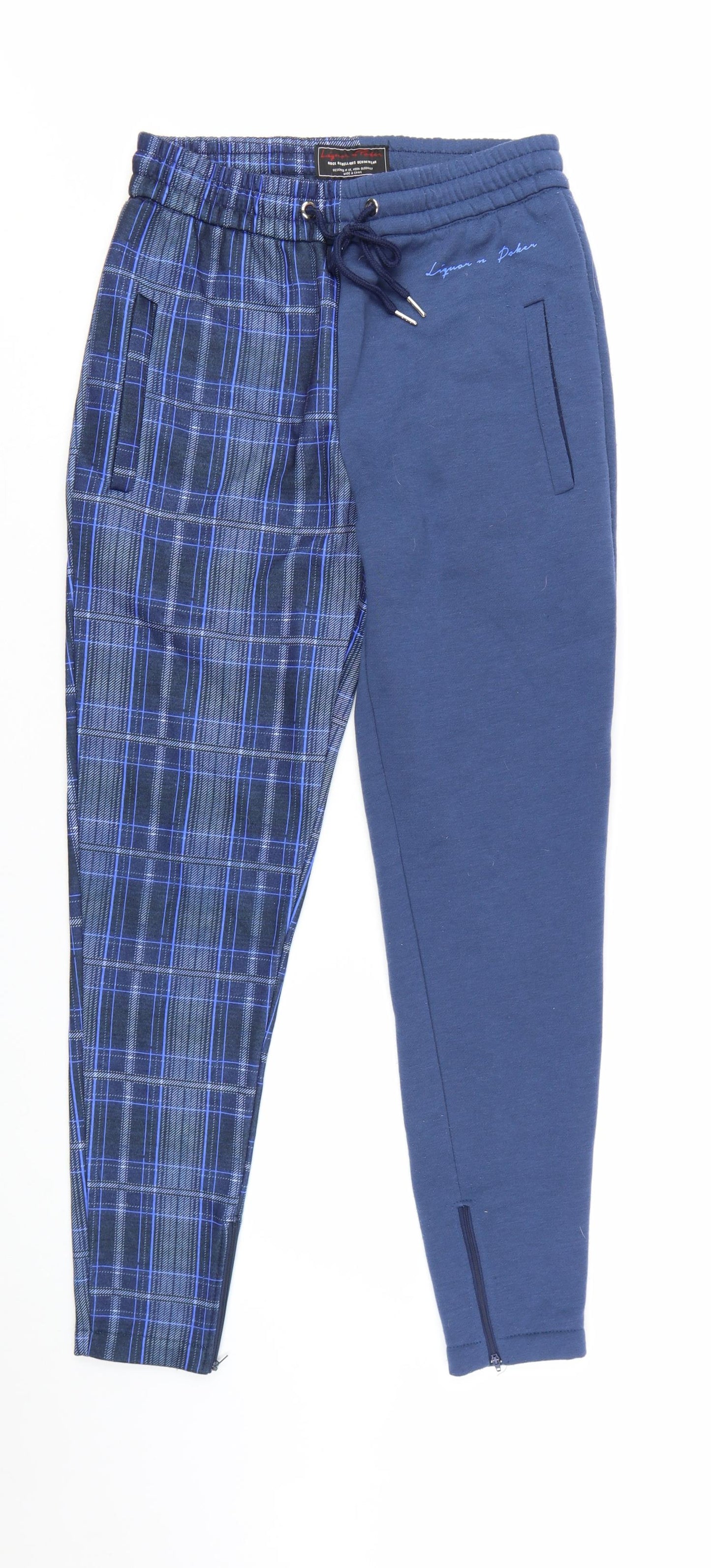 Liquor n Poker Men's Blue Check Jogger Trousers Size S