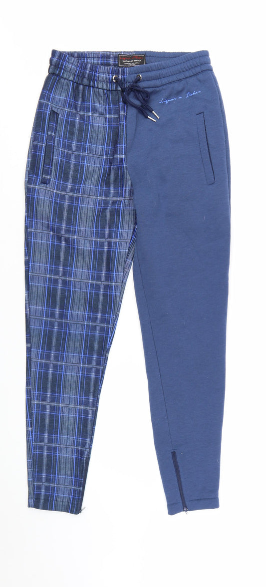 Liquor n Poker Men's Blue Check Jogger Trousers Size S
