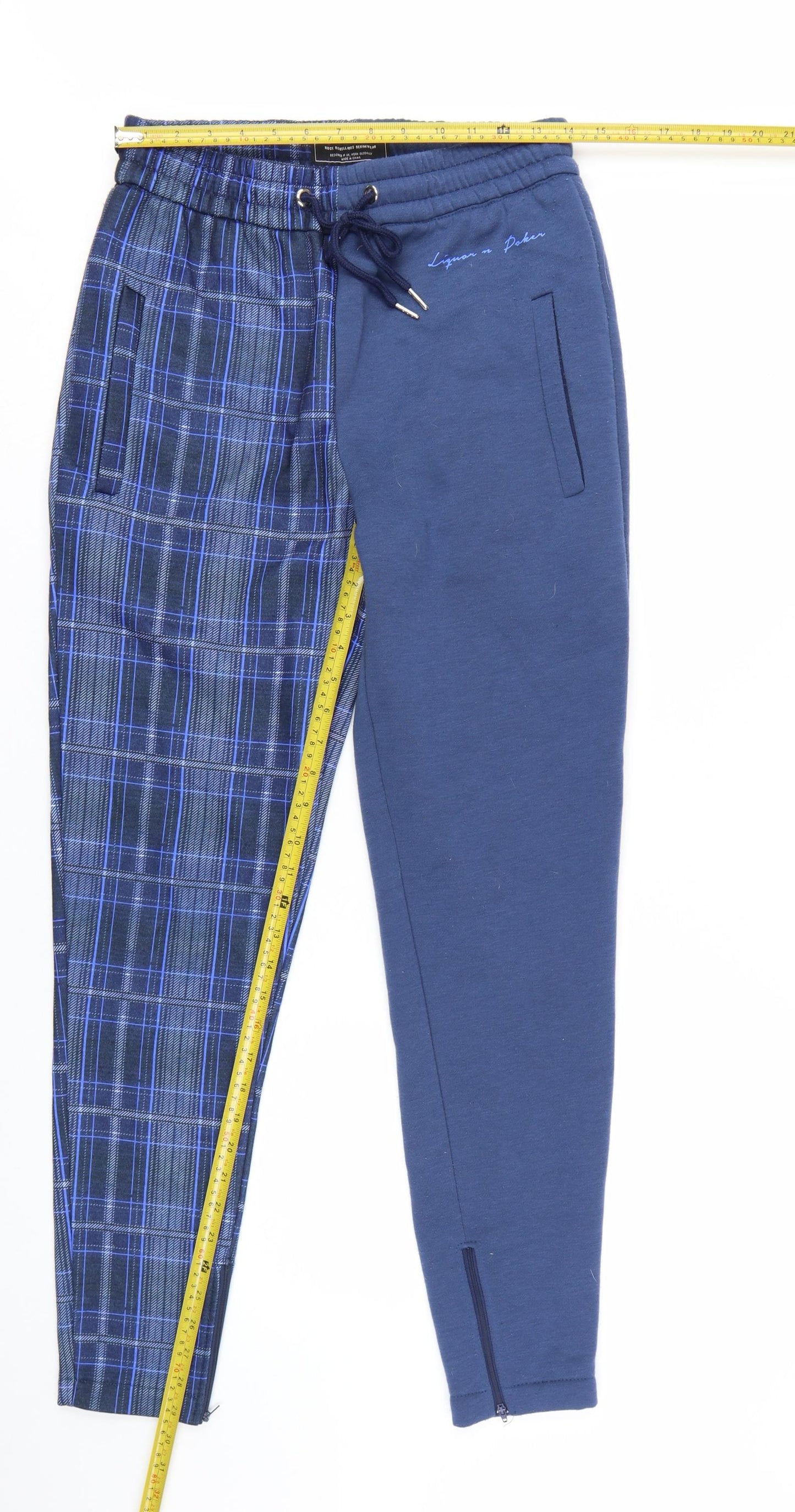 Liquor n Poker Men's Blue Check Jogger Trousers Size S