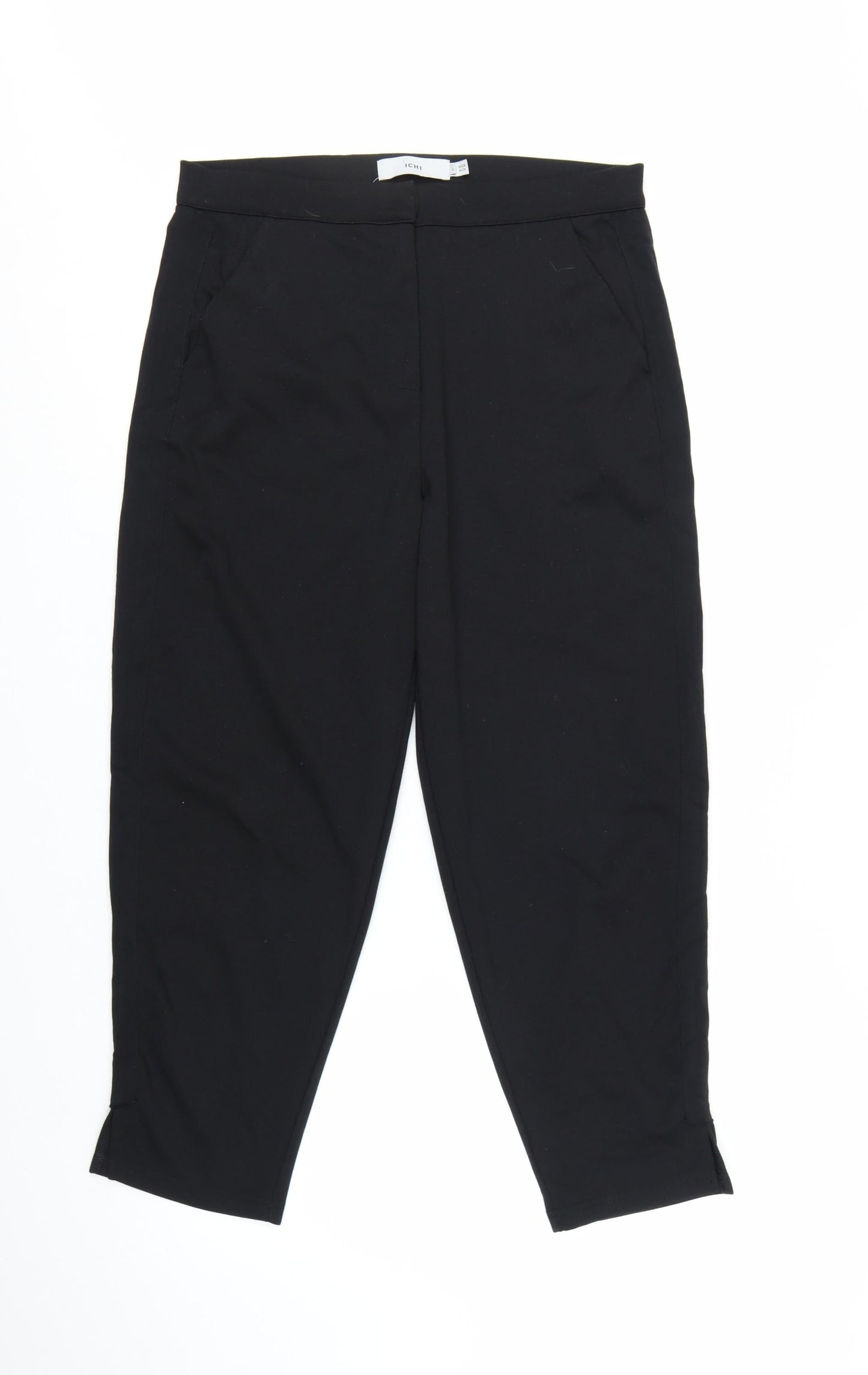ICHI Womens Black Cropped Slim Fit Stretch Trousers Size L