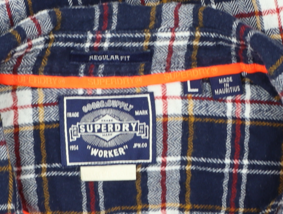 Superdry Men's Blue Flannel Plaid Long Sleeve Button-Up Shirt L