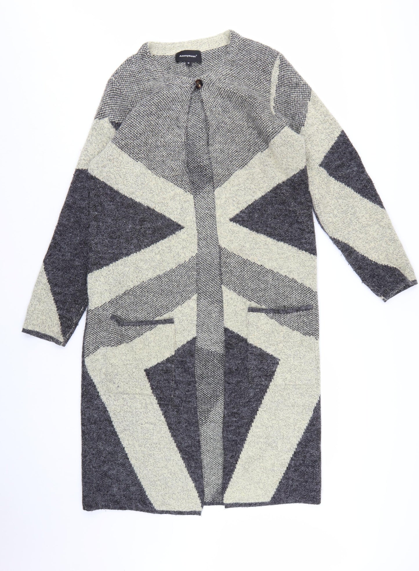 Anonymous Women Grey Geometric Knit Open Cardigan M