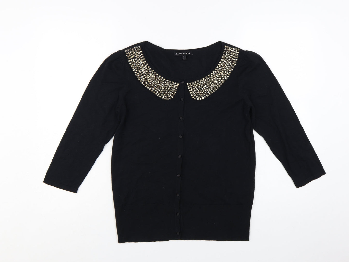 Laura Ashley Women's Black Beaded Collar 3/4 Sleeve Cardigan Size 14