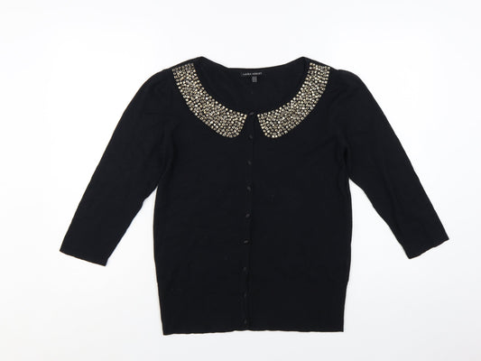 Laura Ashley Women's Black Beaded Collar 3/4 Sleeve Cardigan Size 14