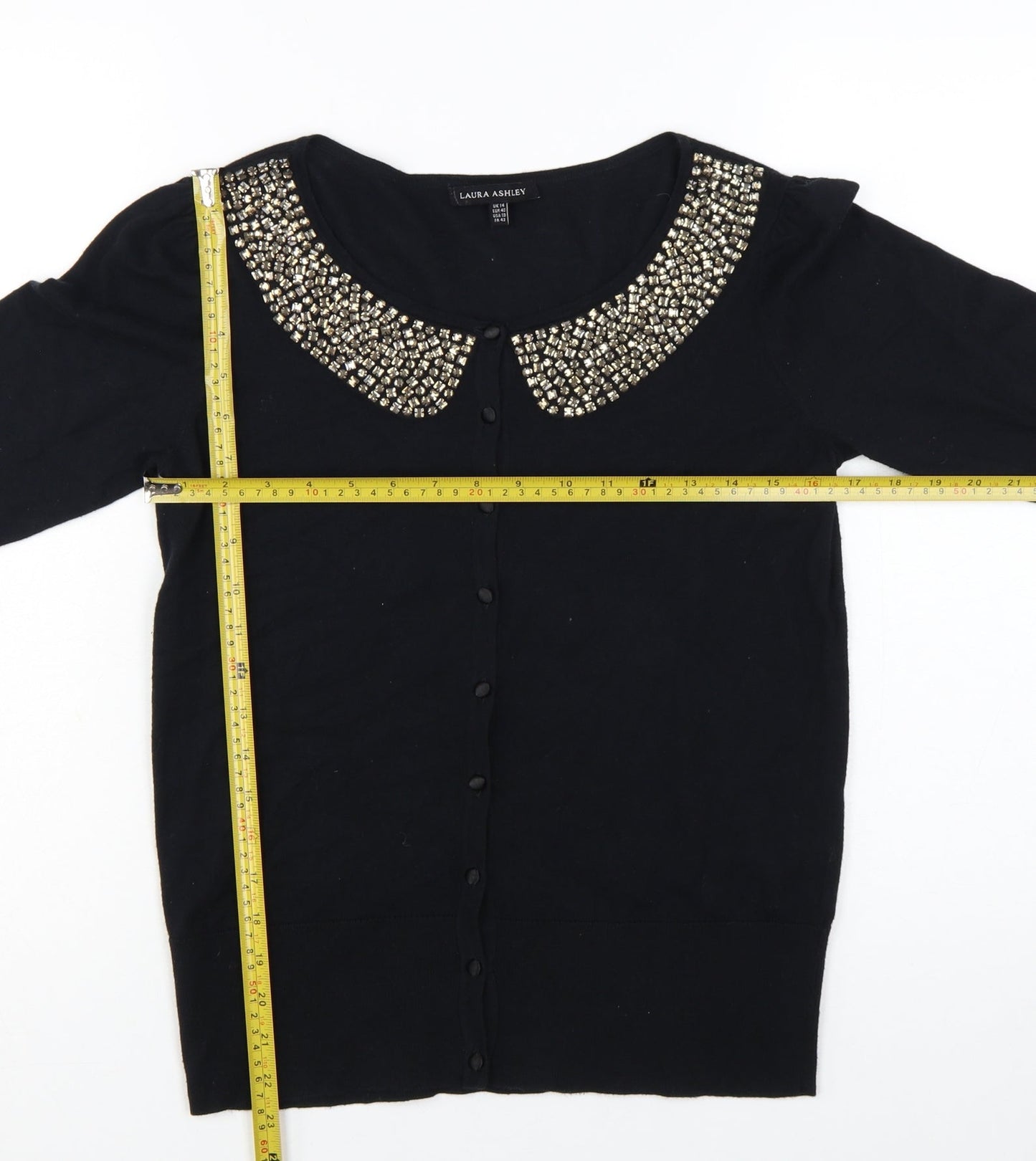 Laura Ashley Women's Black Beaded Collar 3/4 Sleeve Cardigan Size 14